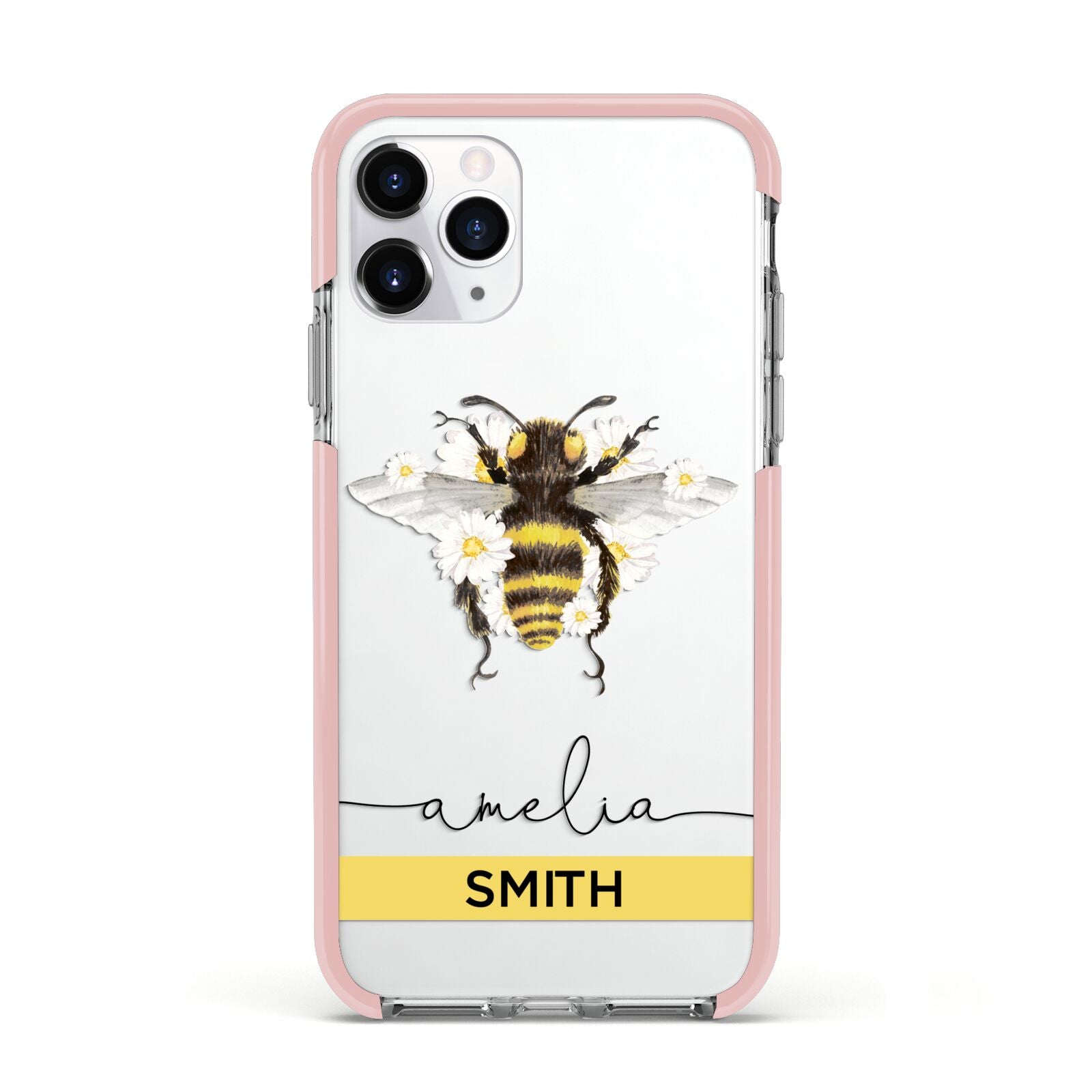 Bees Daisies Personalised Names Apple iPhone 11 Pro in Silver with Pink Impact Case