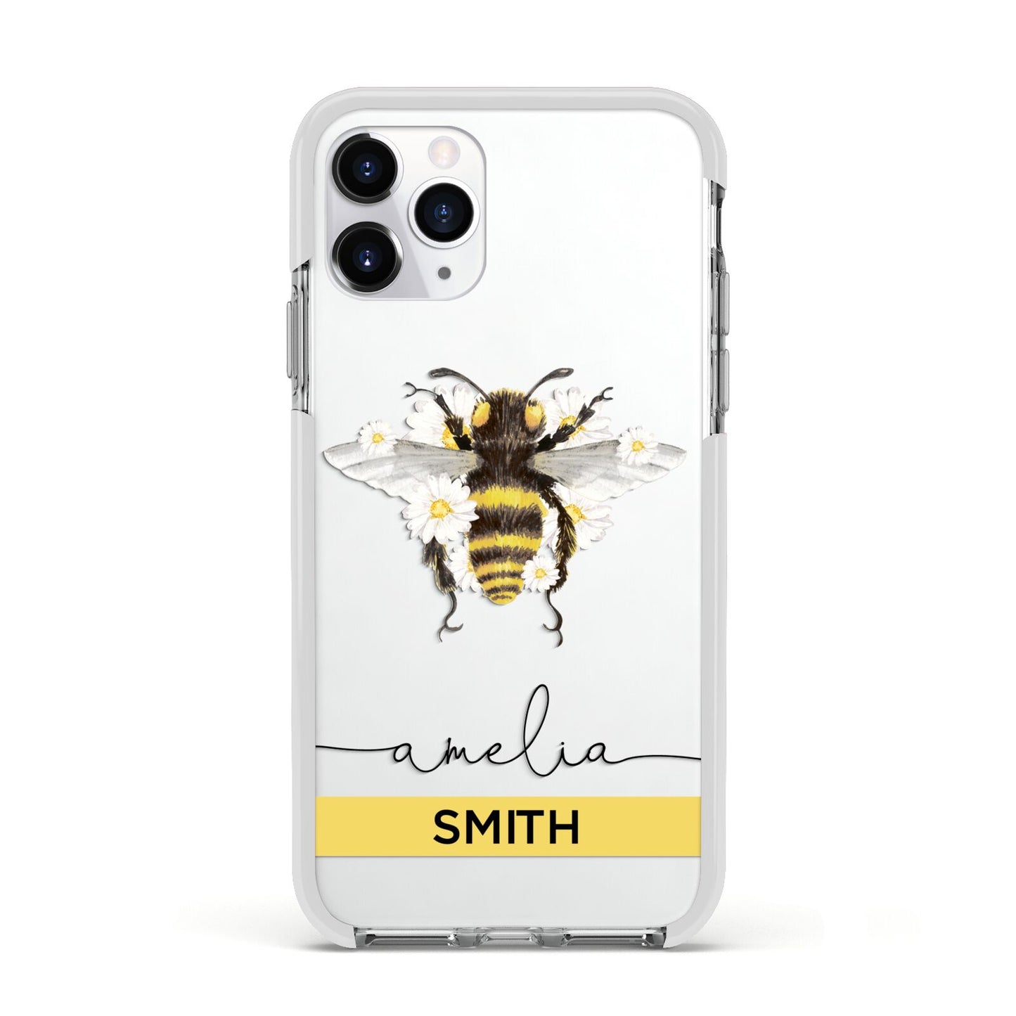 Bees Daisies Personalised Names Apple iPhone 11 Pro in Silver with White Impact Case