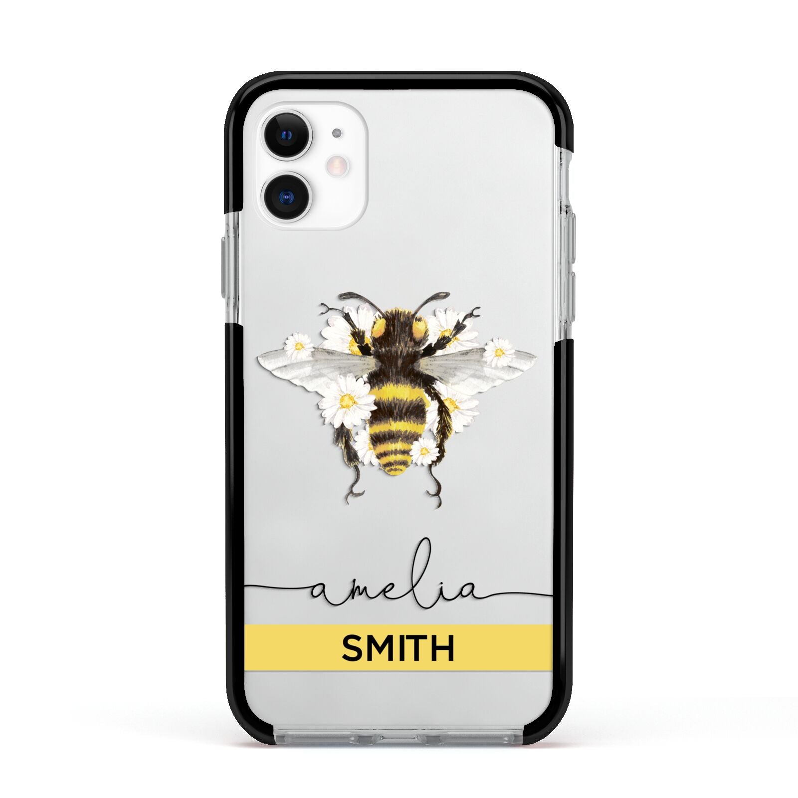 Bees Daisies Personalised Names Apple iPhone 11 in White with Black Impact Case