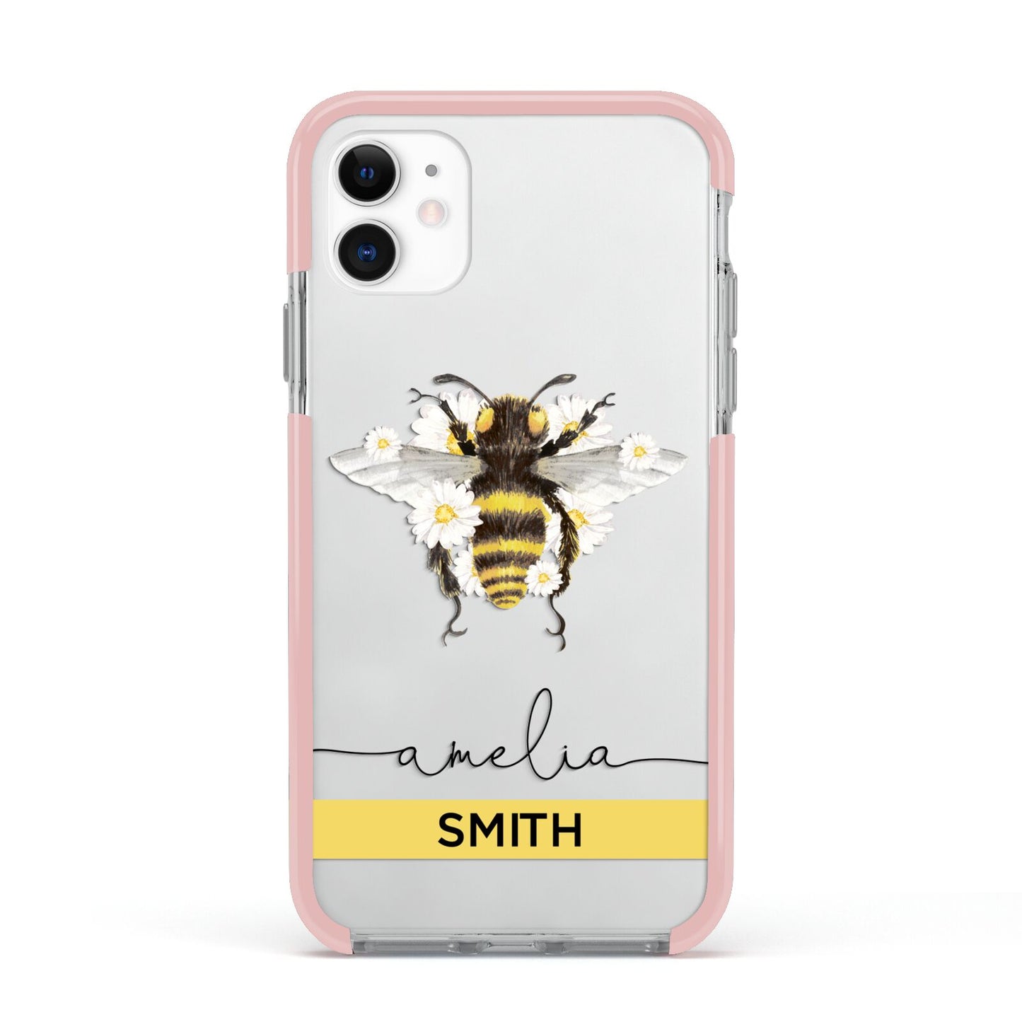 Bees Daisies Personalised Names Apple iPhone 11 in White with Pink Impact Case