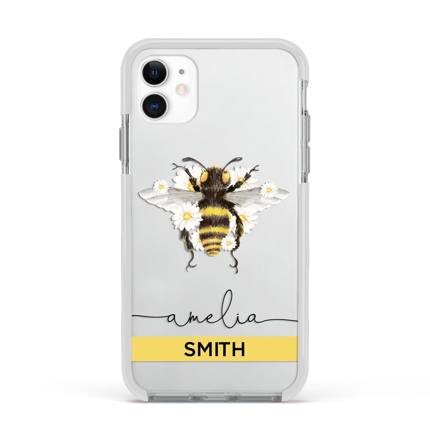 Bees Daisies Personalised Names Apple iPhone 11 in White with White Impact Case