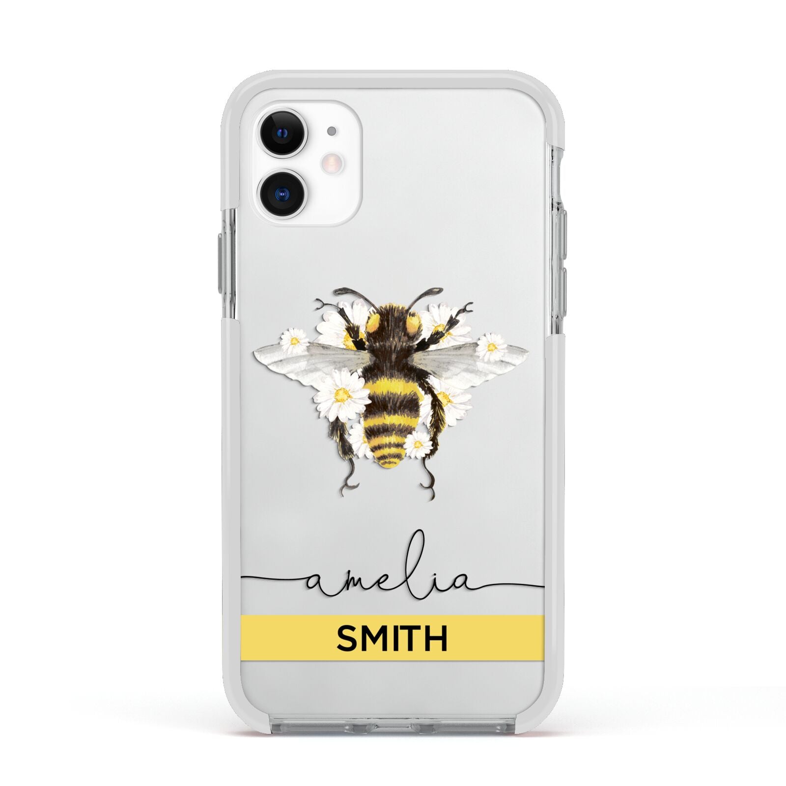 Bees Daisies Personalised Names Apple iPhone 11 in White with White Impact Case