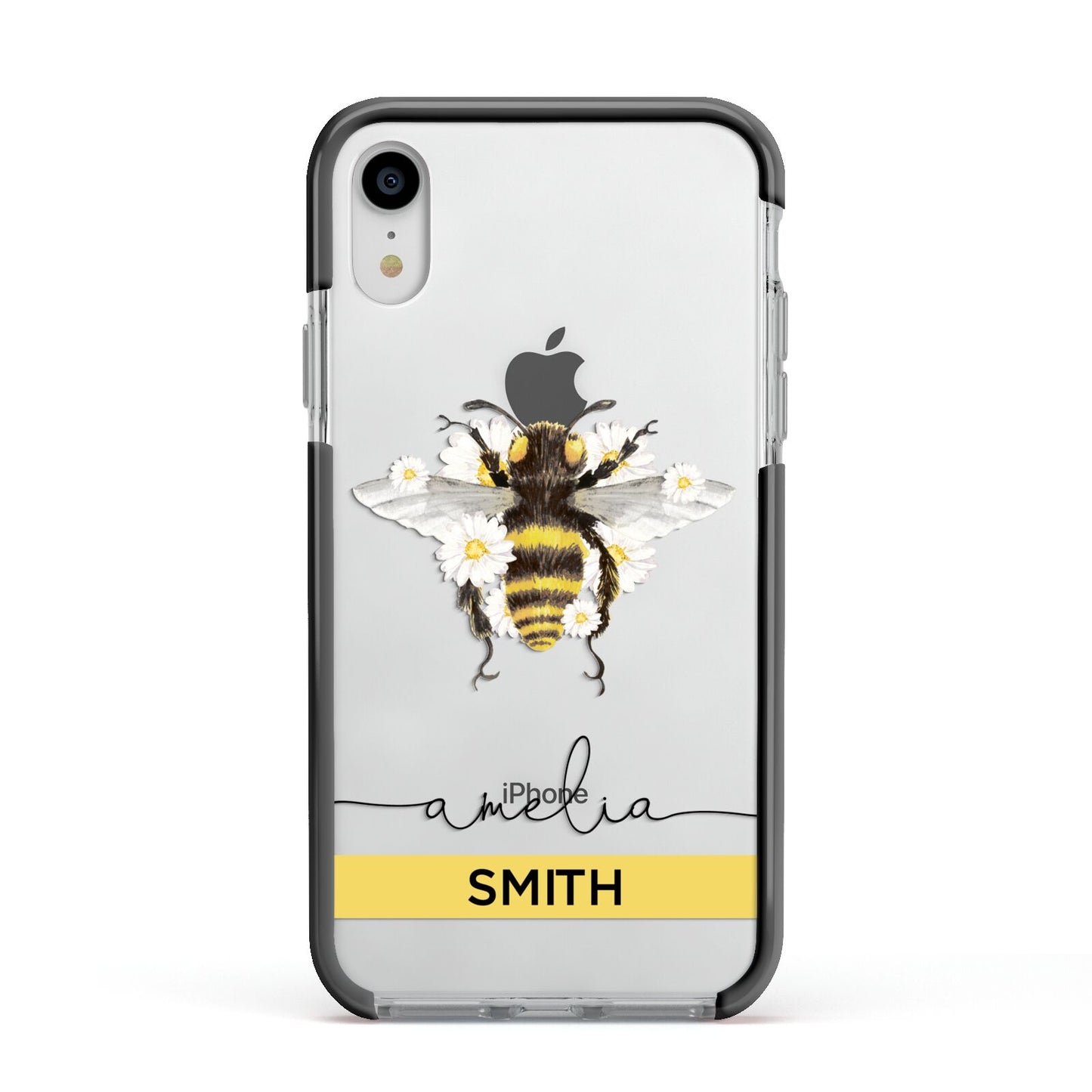 Bees Daisies Personalised Names Apple iPhone XR Impact Case Black Edge on Silver Phone