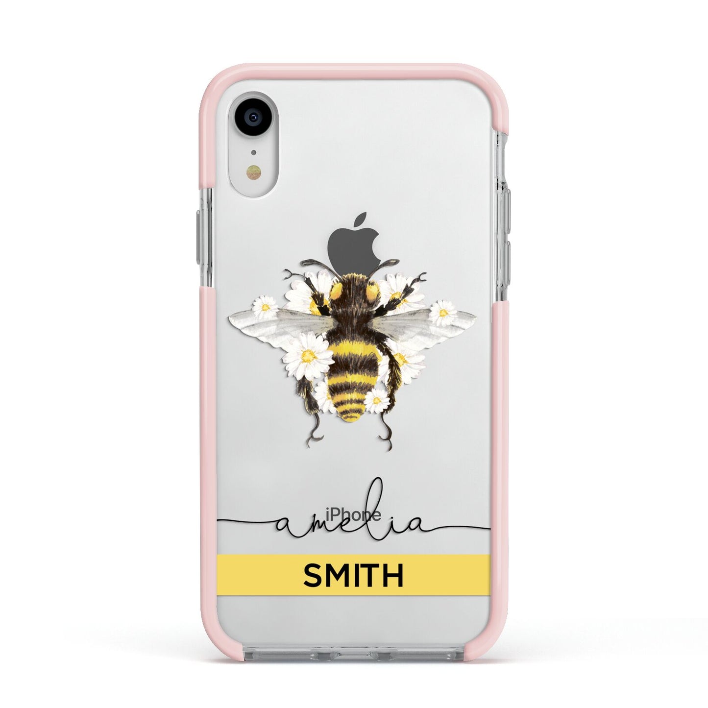 Bees Daisies Personalised Names Apple iPhone XR Impact Case Pink Edge on Silver Phone