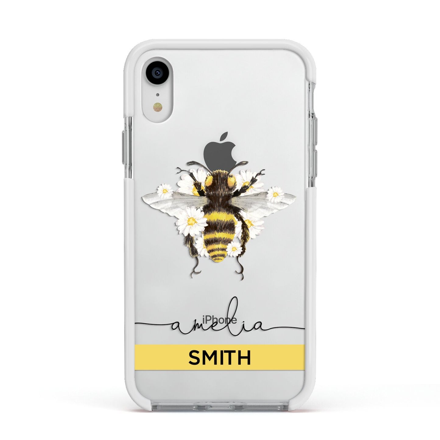 Bees Daisies Personalised Names Apple iPhone XR Impact Case White Edge on Silver Phone