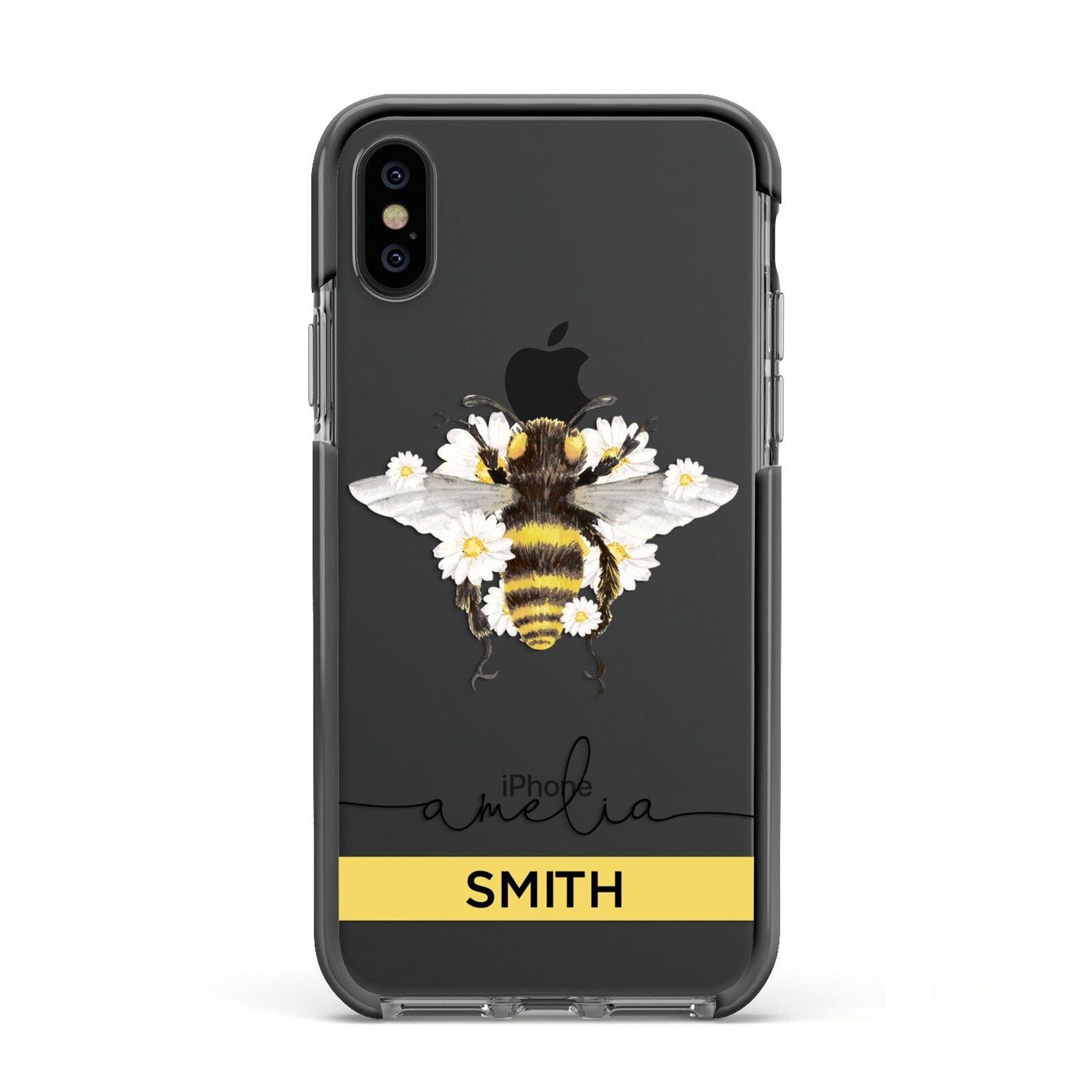 Bees Daisies Personalised Names Apple iPhone Xs Impact Case Black Edge on Black Phone