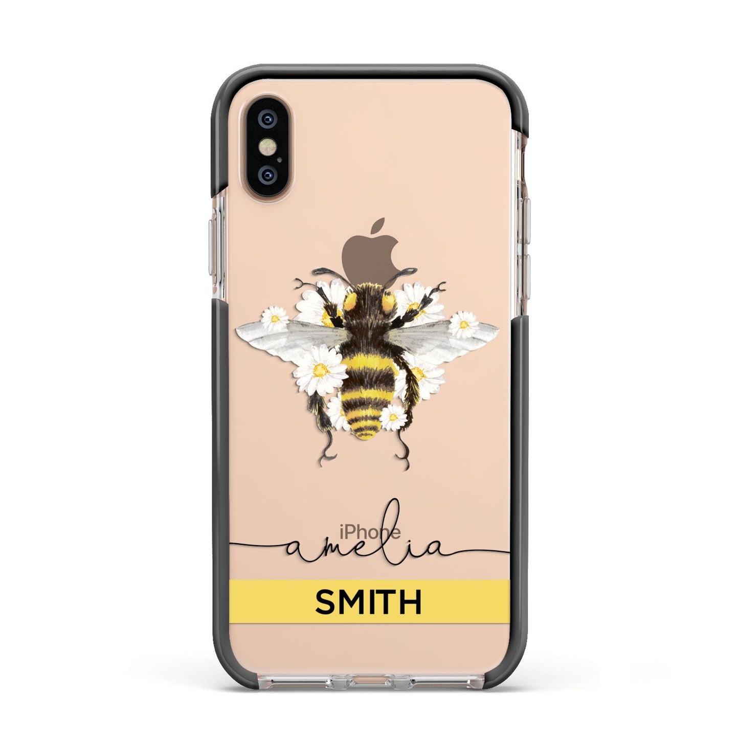 Bees Daisies Personalised Names Apple iPhone Xs Impact Case Black Edge on Gold Phone