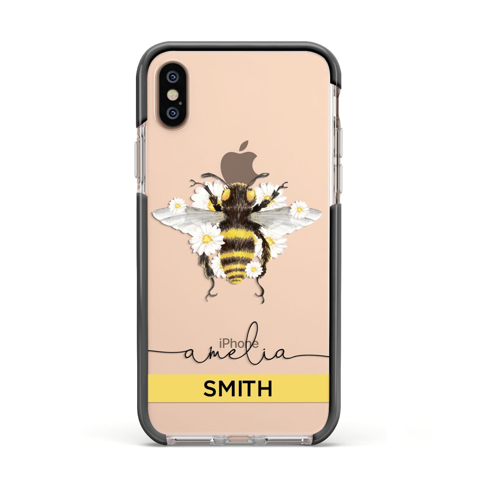 Bees Daisies Personalised Names Apple iPhone Xs Impact Case Black Edge on Gold Phone