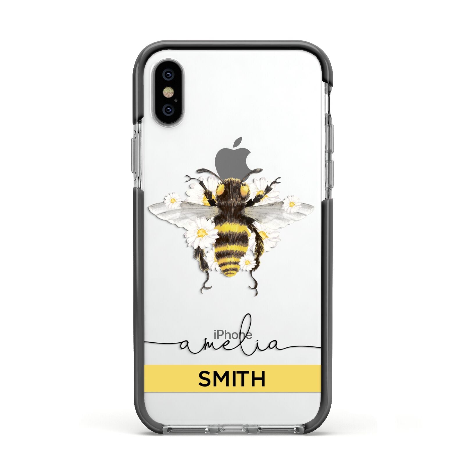 Bees Daisies Personalised Names Apple iPhone Xs Impact Case Black Edge on Silver Phone