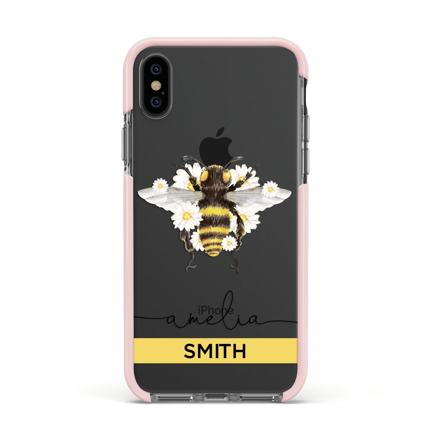 Bees Daisies Personalised Names Apple iPhone Xs Impact Case Pink Edge on Black Phone