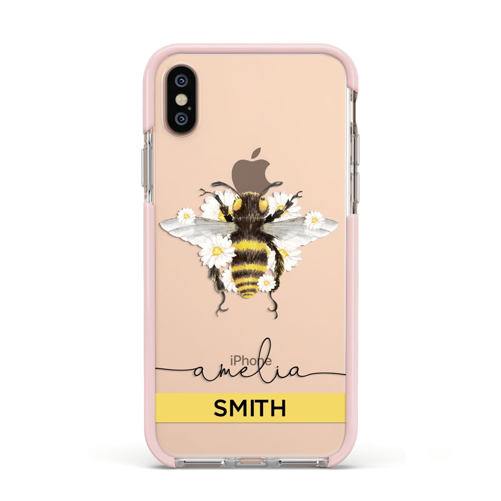 Bees Daisies Personalised Names Apple iPhone Xs Impact Case Pink Edge on Gold Phone