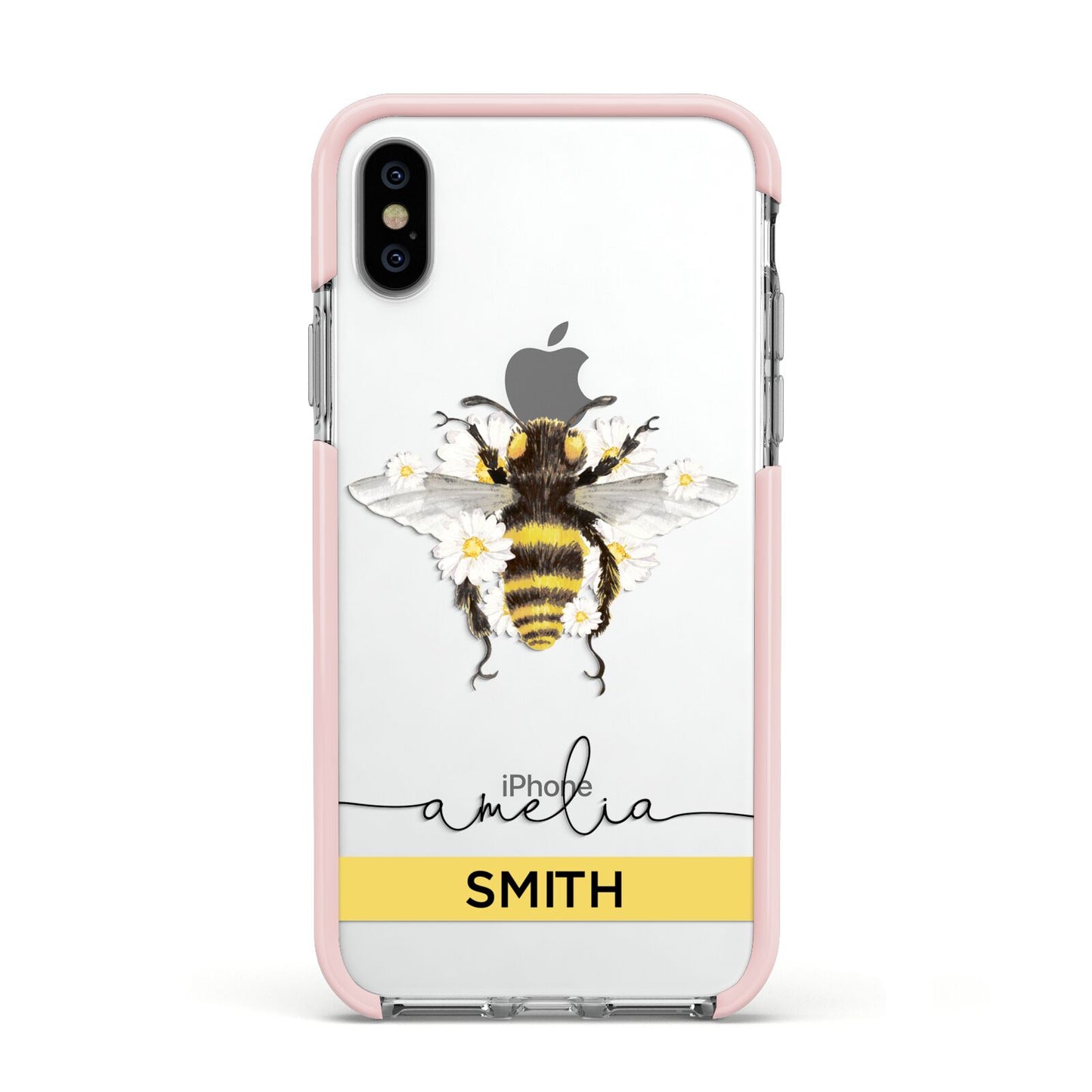 Bees Daisies Personalised Names Apple iPhone Xs Impact Case Pink Edge on Silver Phone