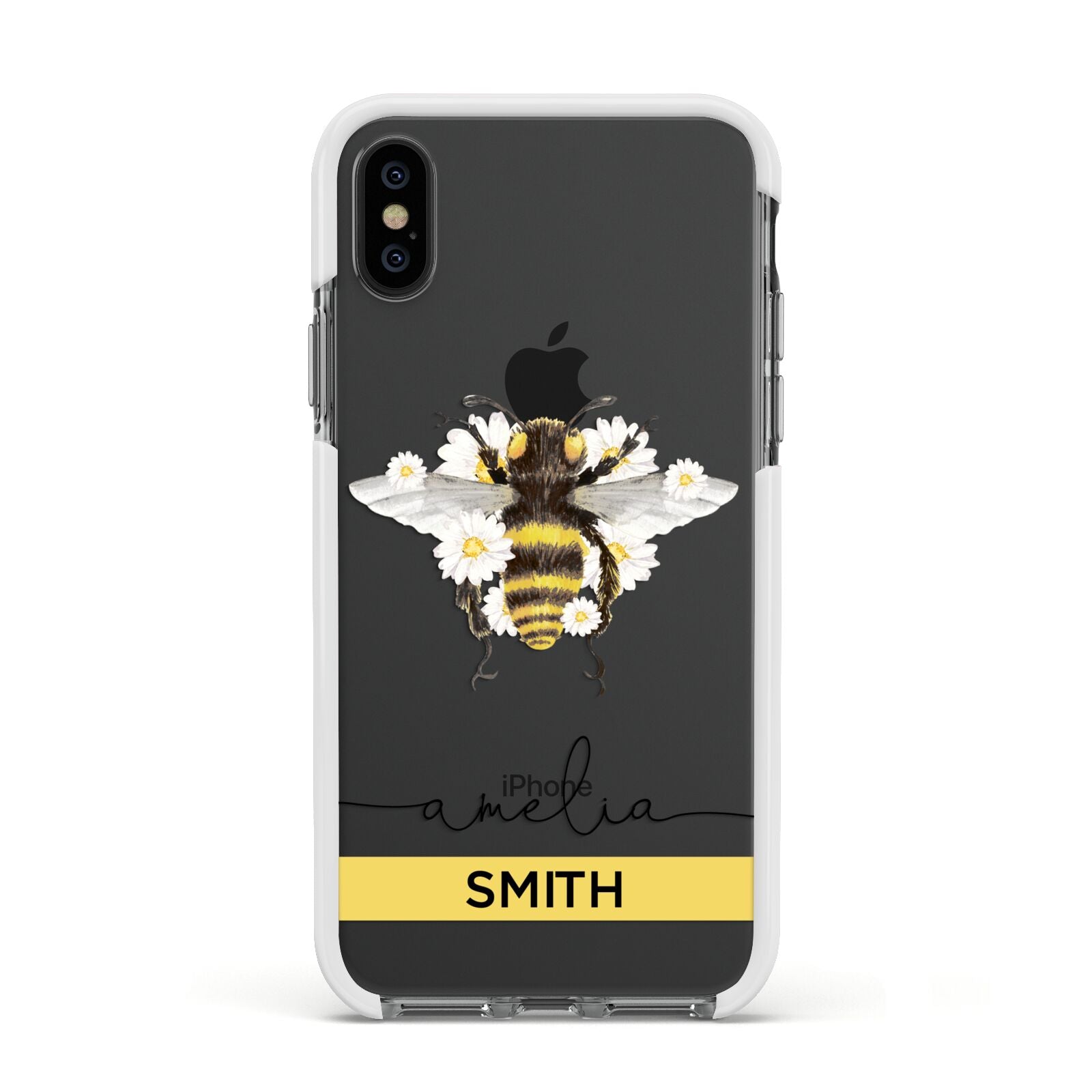 Bees Daisies Personalised Names Apple iPhone Xs Impact Case White Edge on Black Phone