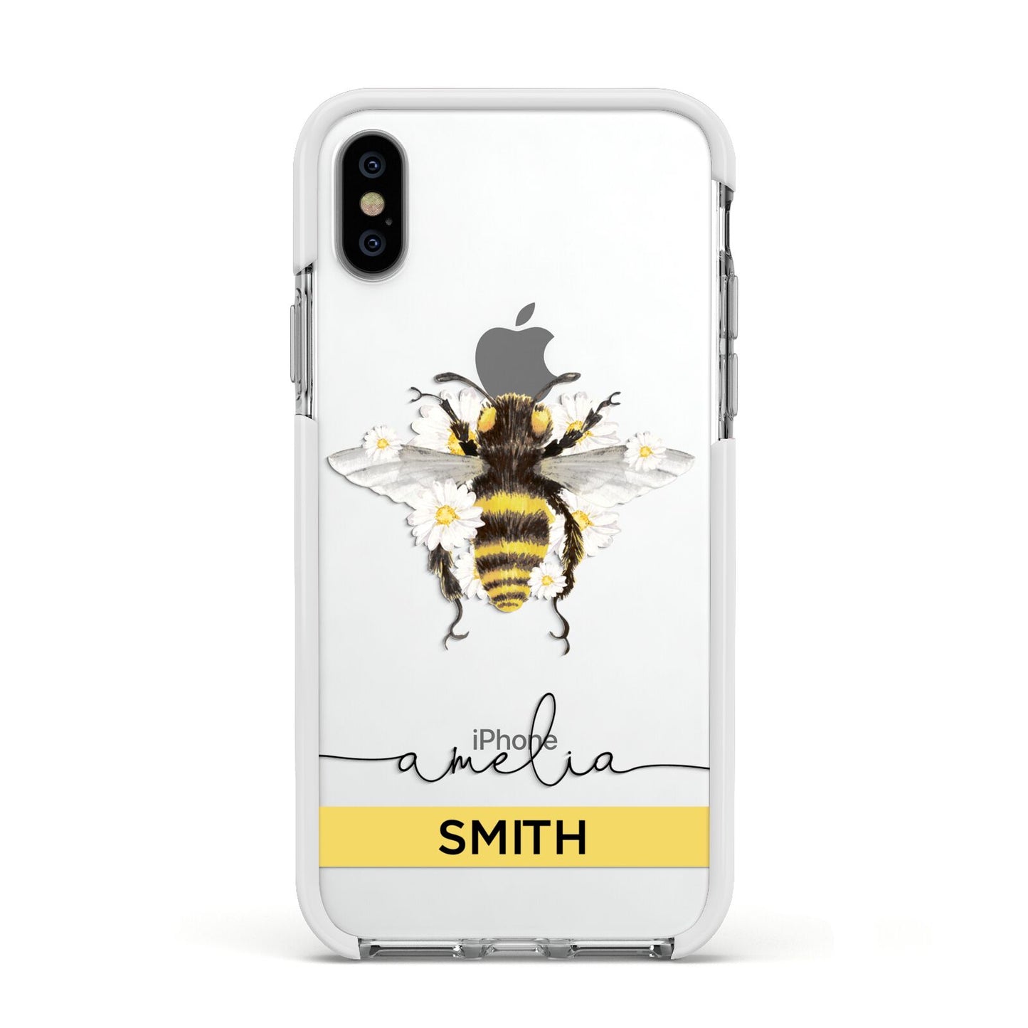 Bees Daisies Personalised Names Apple iPhone Xs Impact Case White Edge on Silver Phone