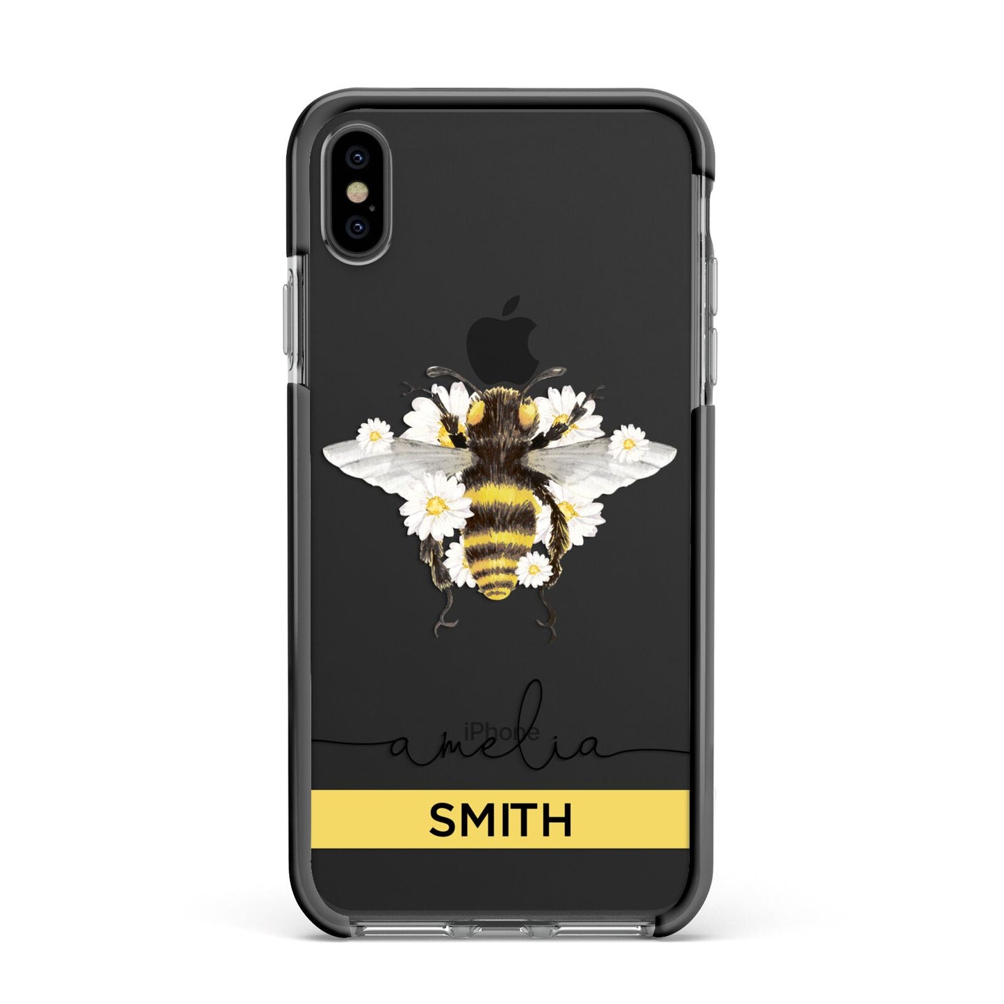 Bees Daisies Personalised Names Apple iPhone Xs Max Impact Case Black Edge on Black Phone