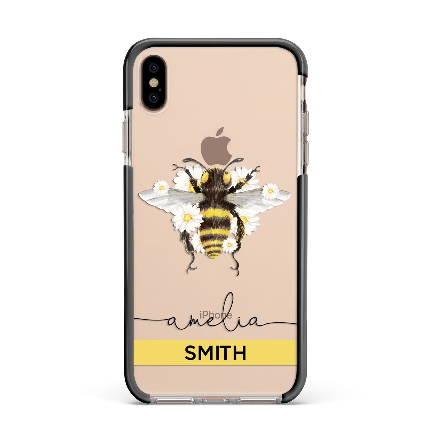 Bees Daisies Personalised Names Apple iPhone Xs Max Impact Case Black Edge on Gold Phone