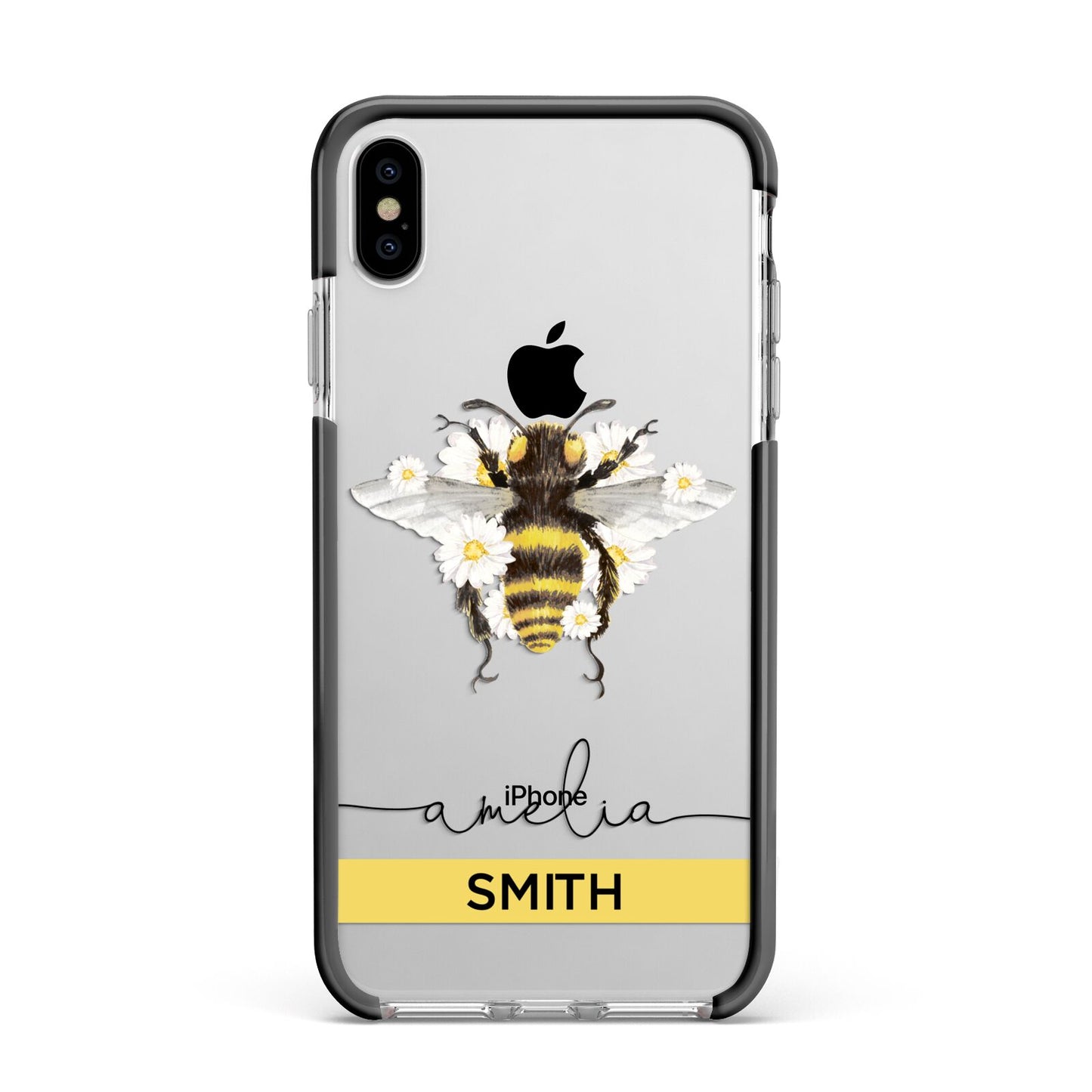 Bees Daisies Personalised Names Apple iPhone Xs Max Impact Case Black Edge on Silver Phone