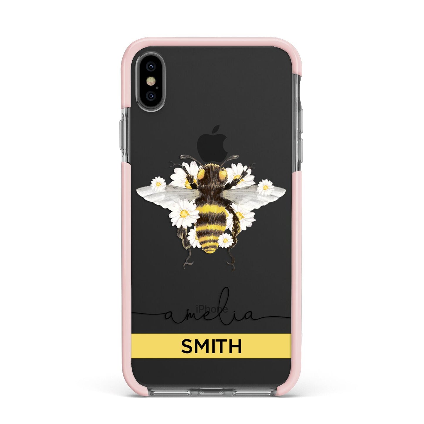 Bees Daisies Personalised Names Apple iPhone Xs Max Impact Case Pink Edge on Black Phone