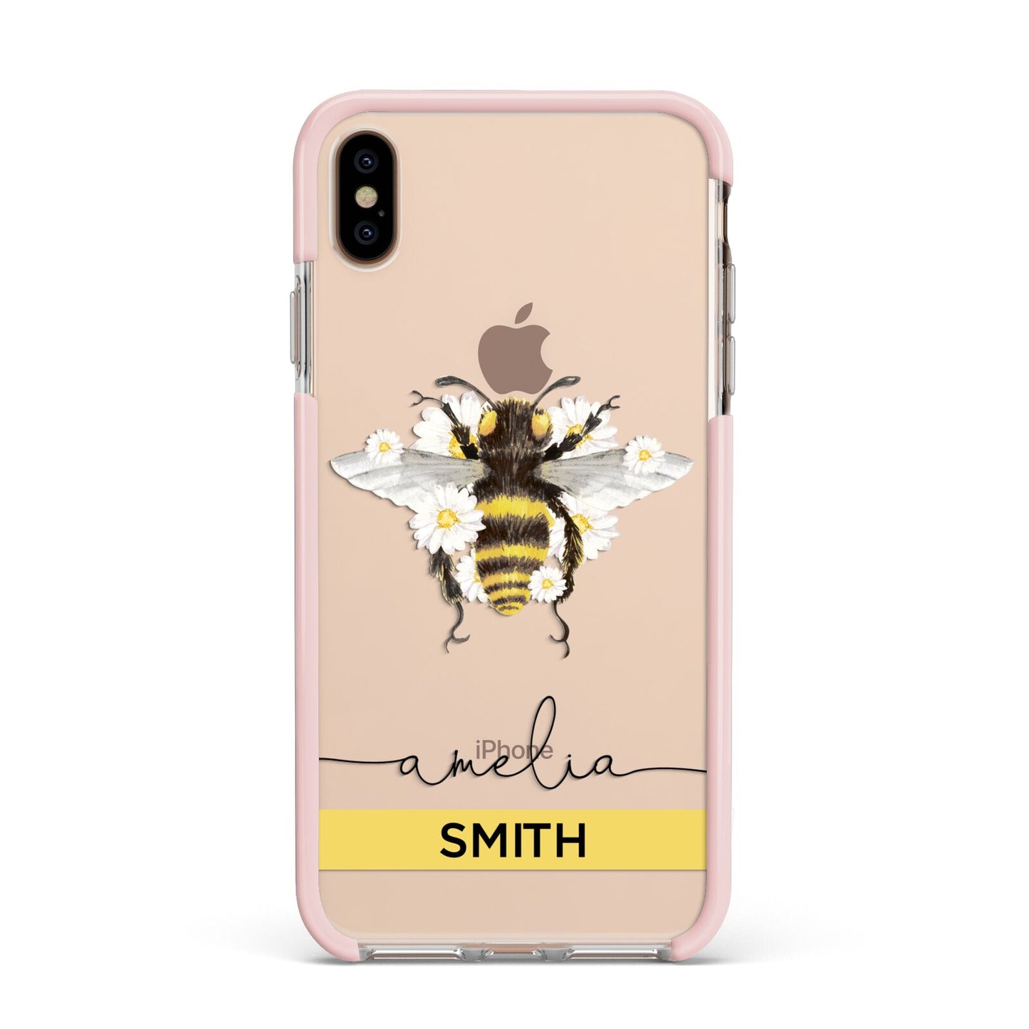 Bees Daisies Personalised Names Apple iPhone Xs Max Impact Case Pink Edge on Gold Phone