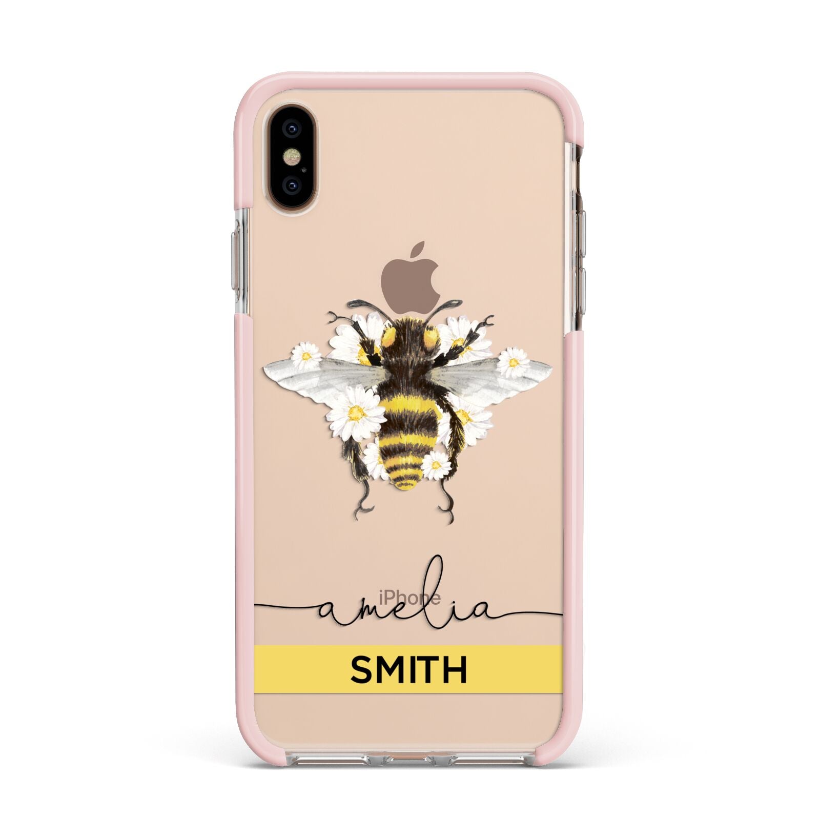 Bees Daisies Personalised Names Apple iPhone Xs Max Impact Case Pink Edge on Gold Phone