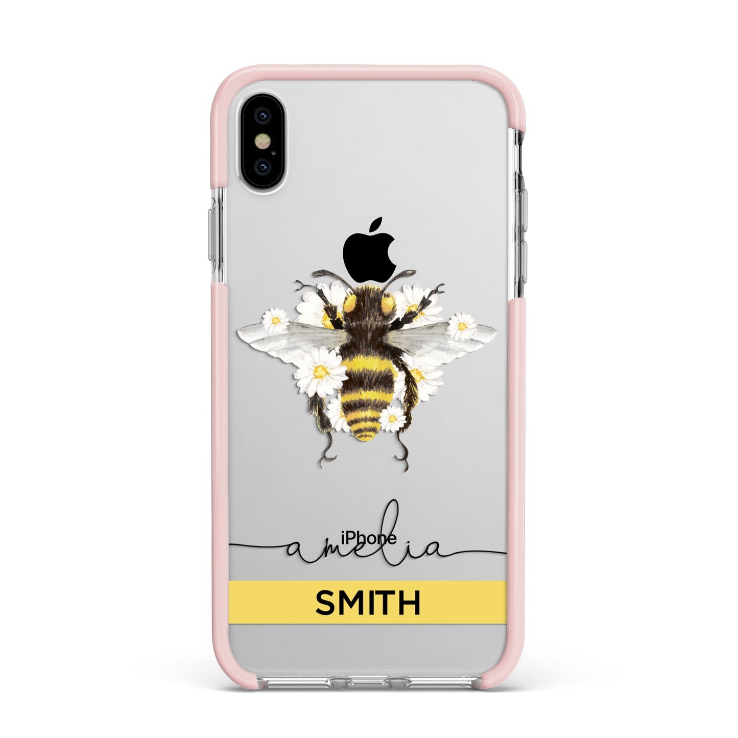 Bees Daisies Personalised Names Apple iPhone Xs Max Impact Case Pink Edge on Silver Phone