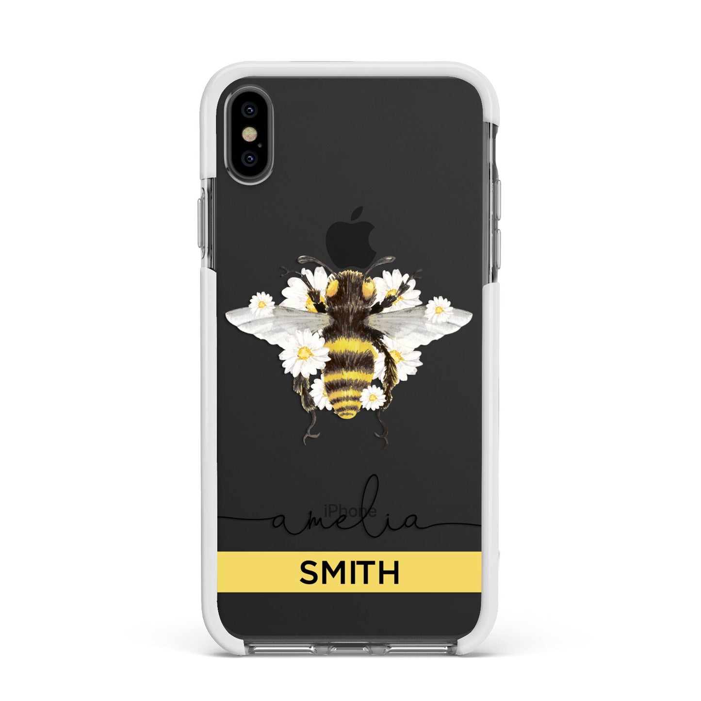 Bees Daisies Personalised Names Apple iPhone Xs Max Impact Case White Edge on Black Phone