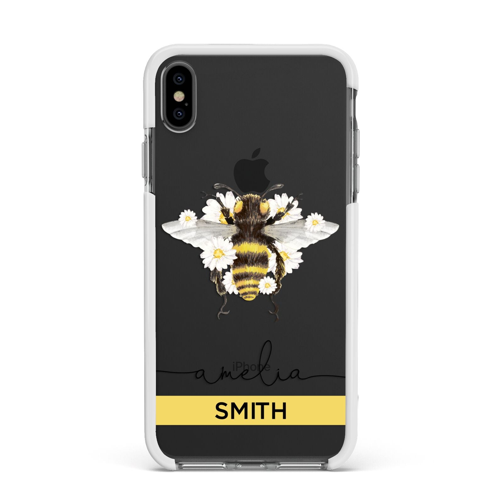 Bees Daisies Personalised Names Apple iPhone Xs Max Impact Case White Edge on Black Phone