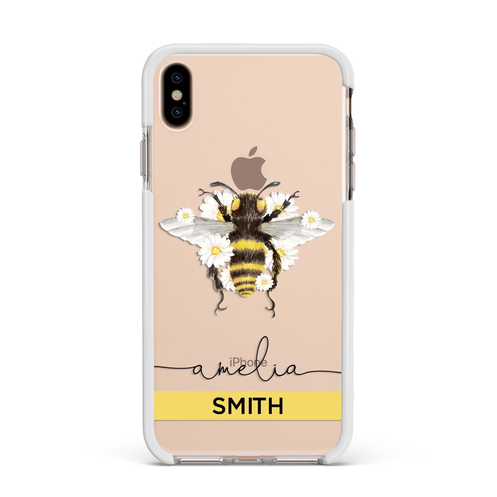 Bees Daisies Personalised Names Apple iPhone Xs Max Impact Case White Edge on Gold Phone