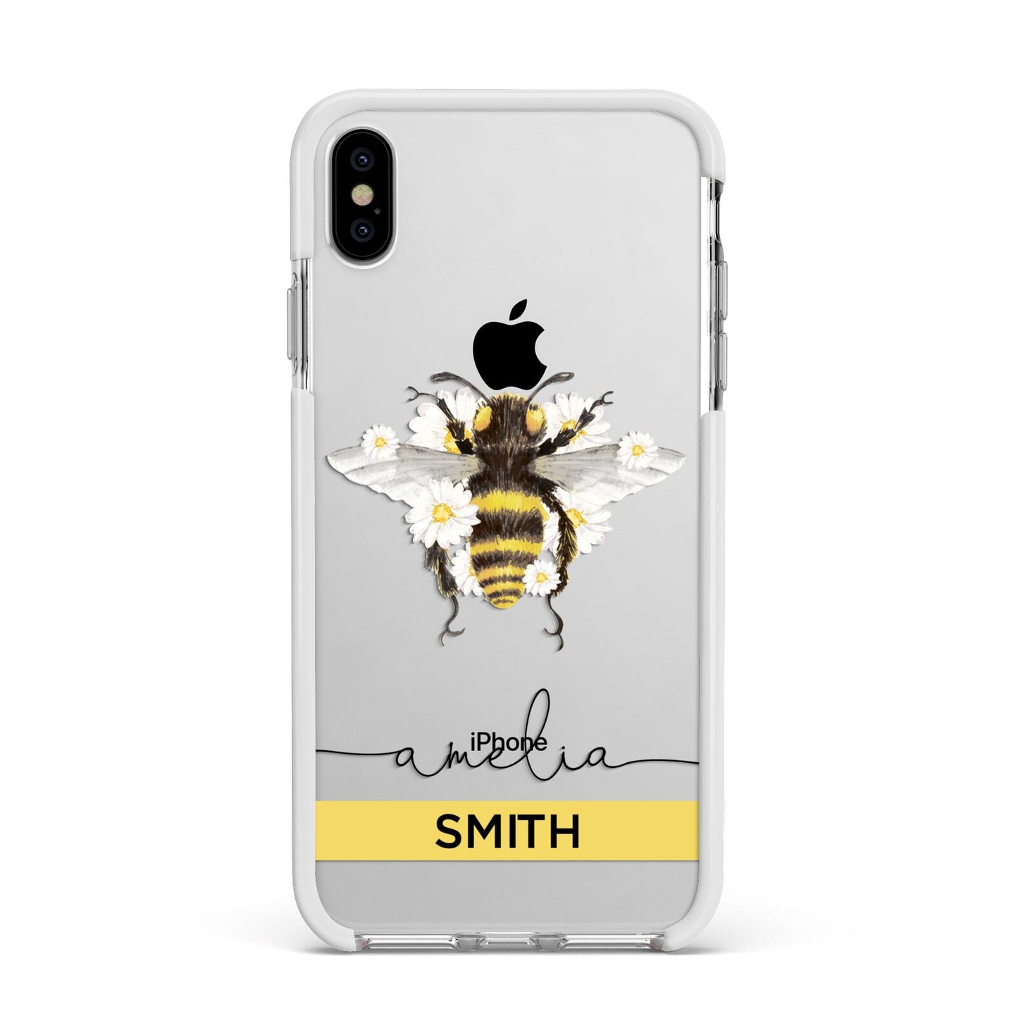 Bees Daisies Personalised Names Apple iPhone Xs Max Impact Case White Edge on Silver Phone