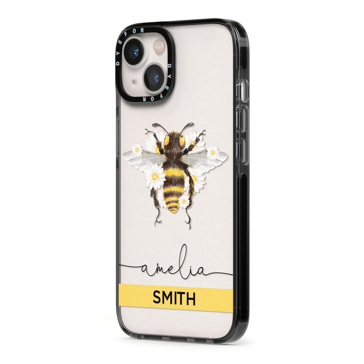 Bees Daisies Personalised Names iPhone 13 Black Impact Case Side Angle on Silver phone