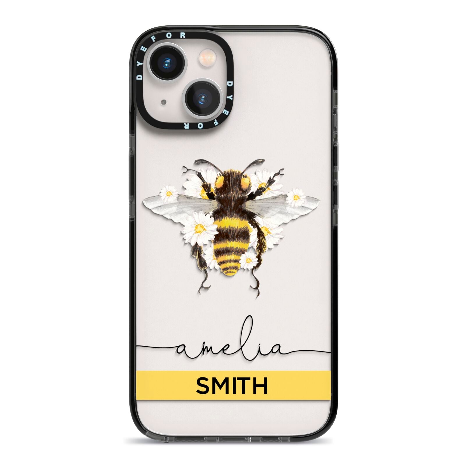 Bees Daisies Personalised Names iPhone 13 Black Impact Case on Silver phone