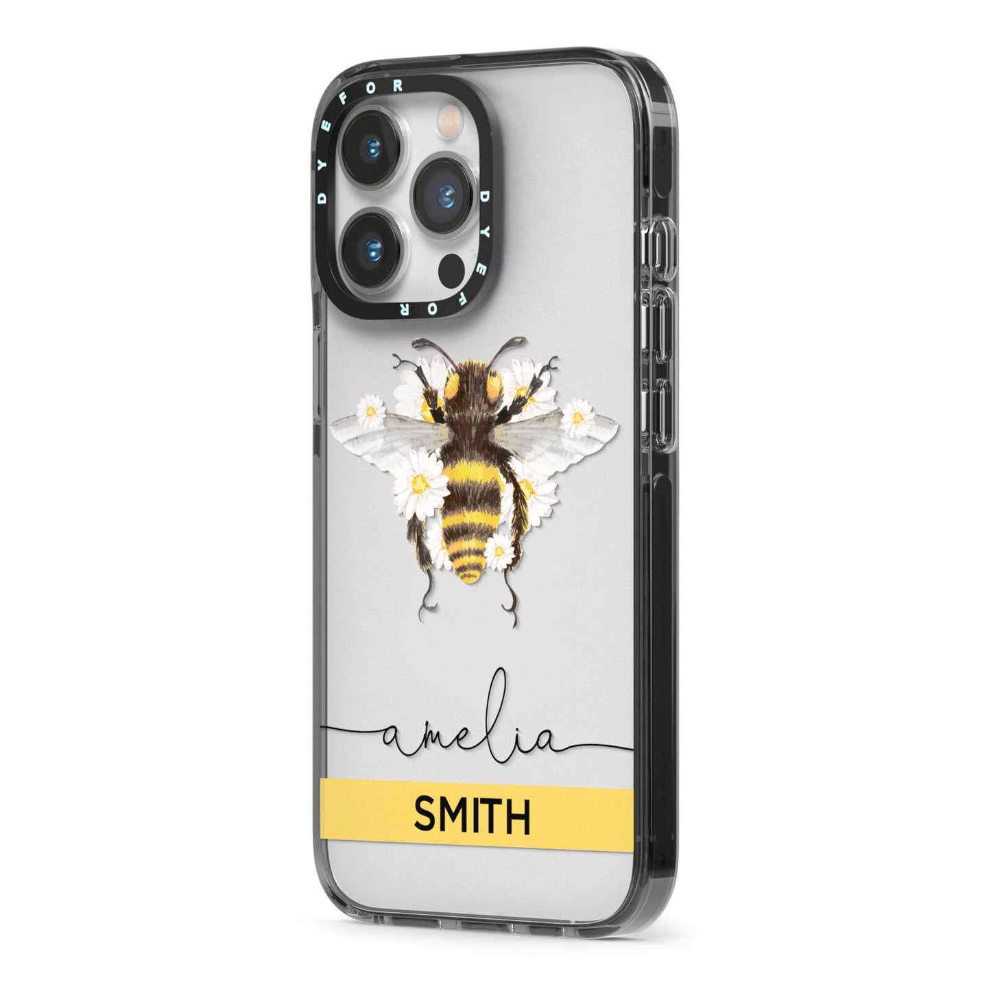 Bees Daisies Personalised Names iPhone 13 Pro Black Impact Case Side Angle on Silver phone