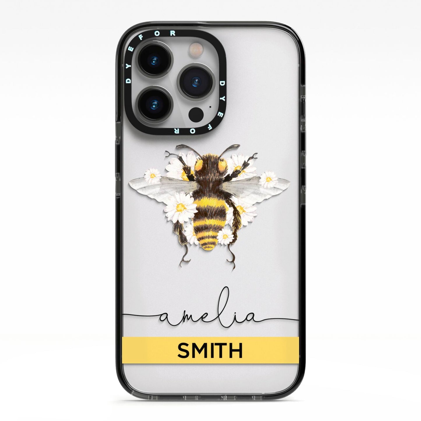 Bees Daisies Personalised Names iPhone 13 Pro Black Impact Case on Silver phone