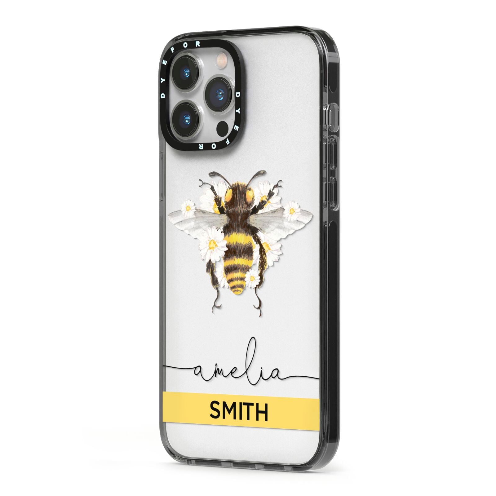 Bees Daisies Personalised Names iPhone 13 Pro Max Black Impact Case Side Angle on Silver phone