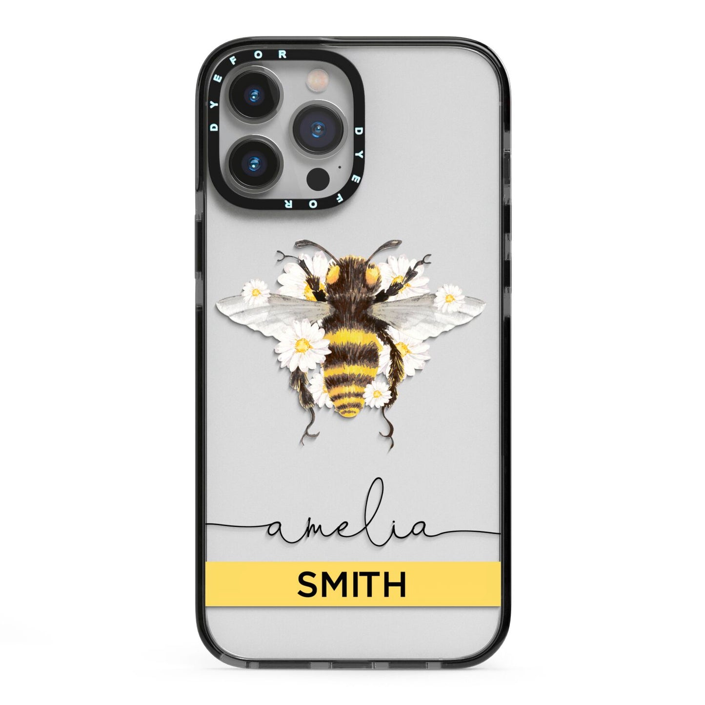 Bees Daisies Personalised Names iPhone 13 Pro Max Black Impact Case on Silver phone