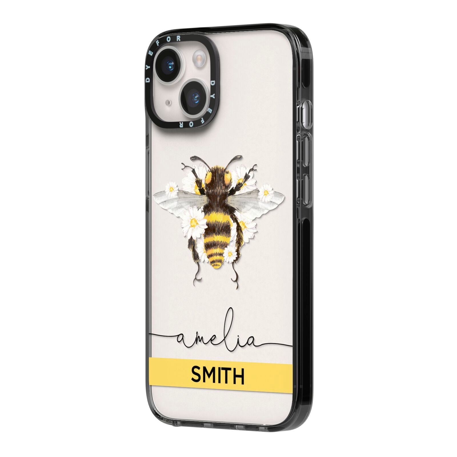 Bees Daisies Personalised Names iPhone 14 Black Impact Case Side Angle on Silver phone