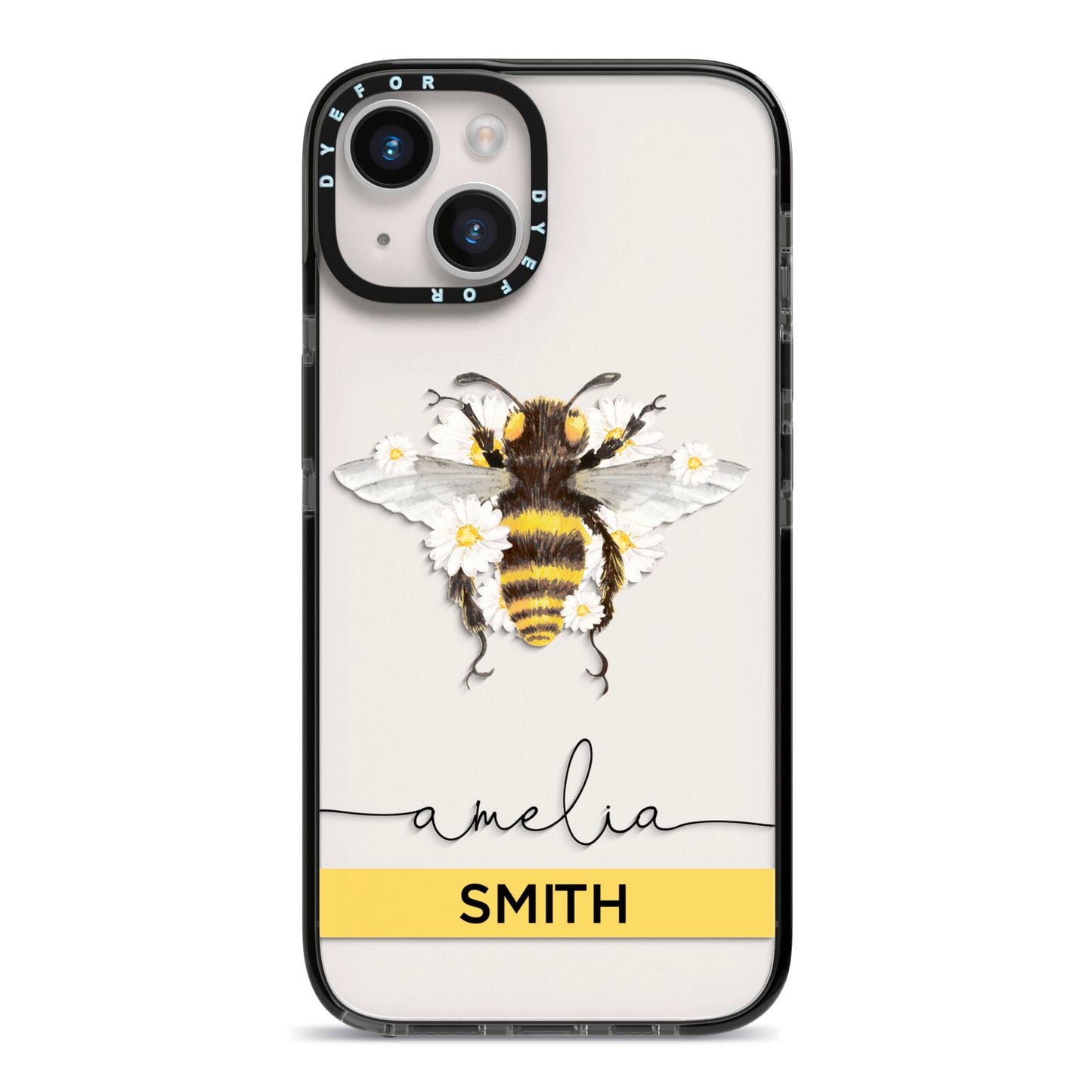 Bees Daisies Personalised Names iPhone 14 Black Impact Case on Silver phone