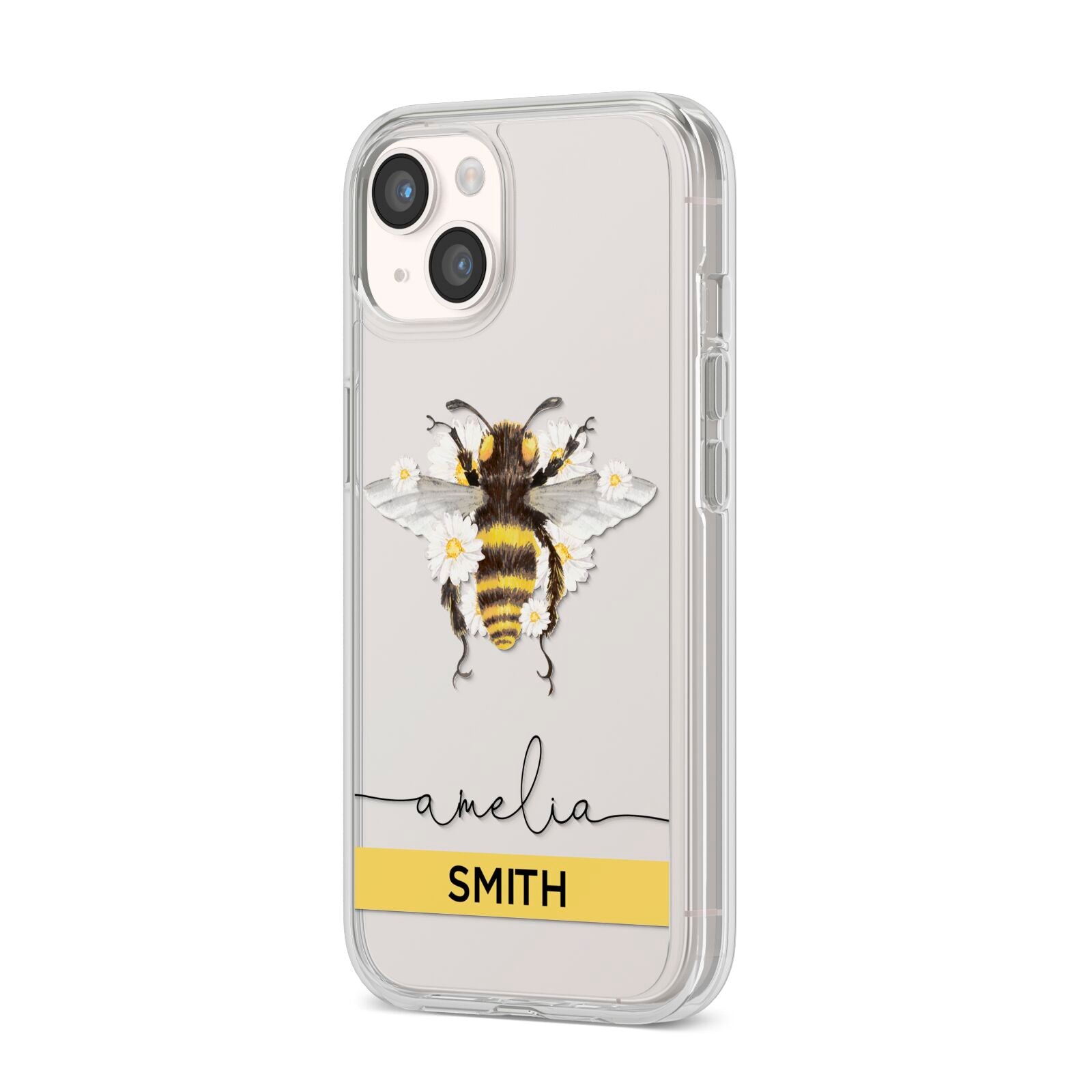 Bees Daisies Personalised Names iPhone 14 Clear Tough Case Starlight Angled Image