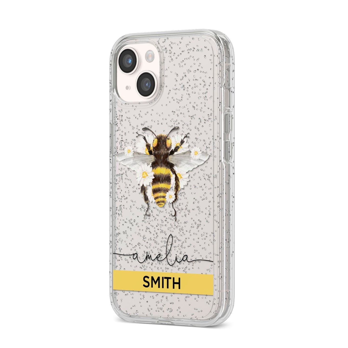 Bees Daisies Personalised Names iPhone 14 Glitter Tough Case Starlight Angled Image