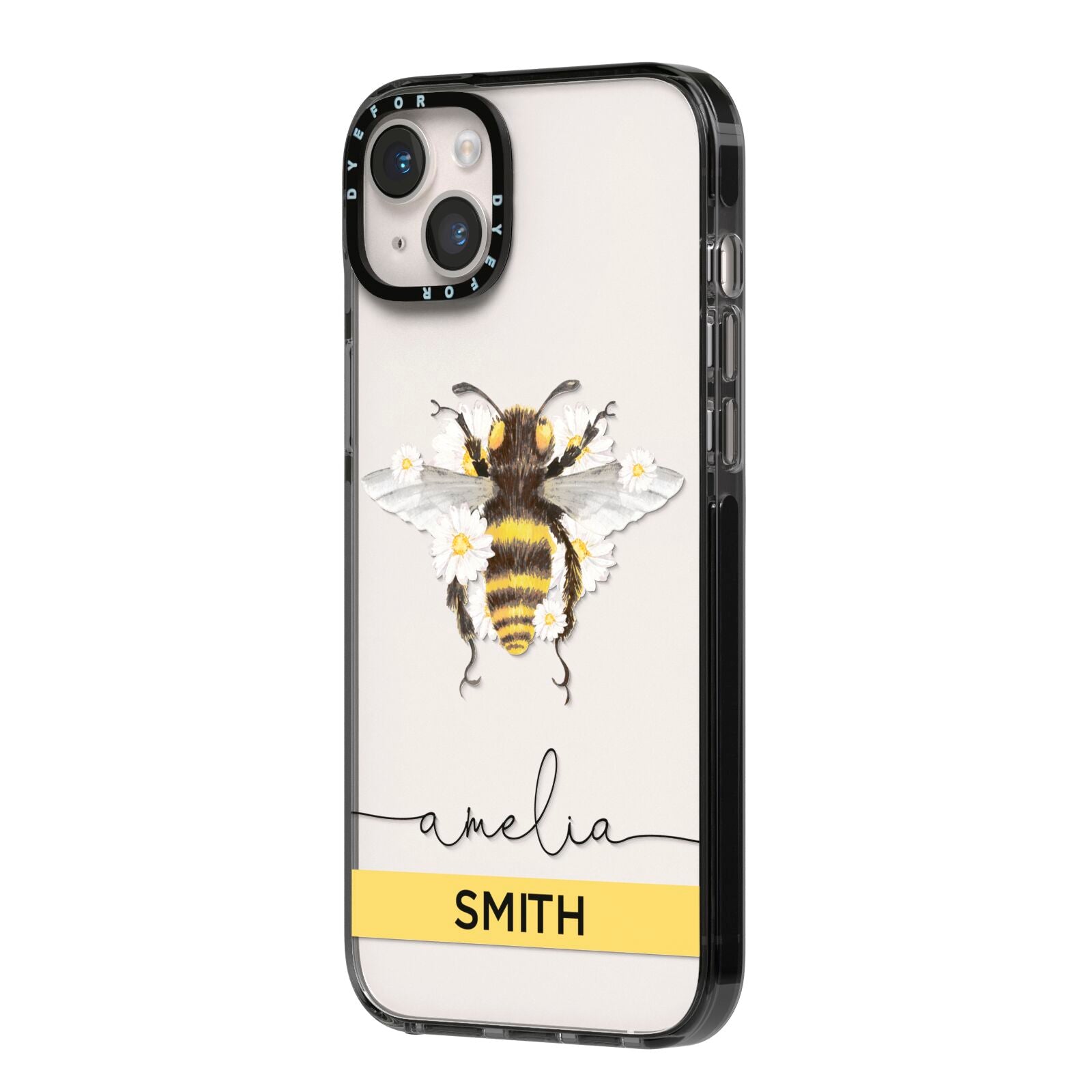 Bees Daisies Personalised Names iPhone 14 Plus Black Impact Case Side Angle on Silver phone