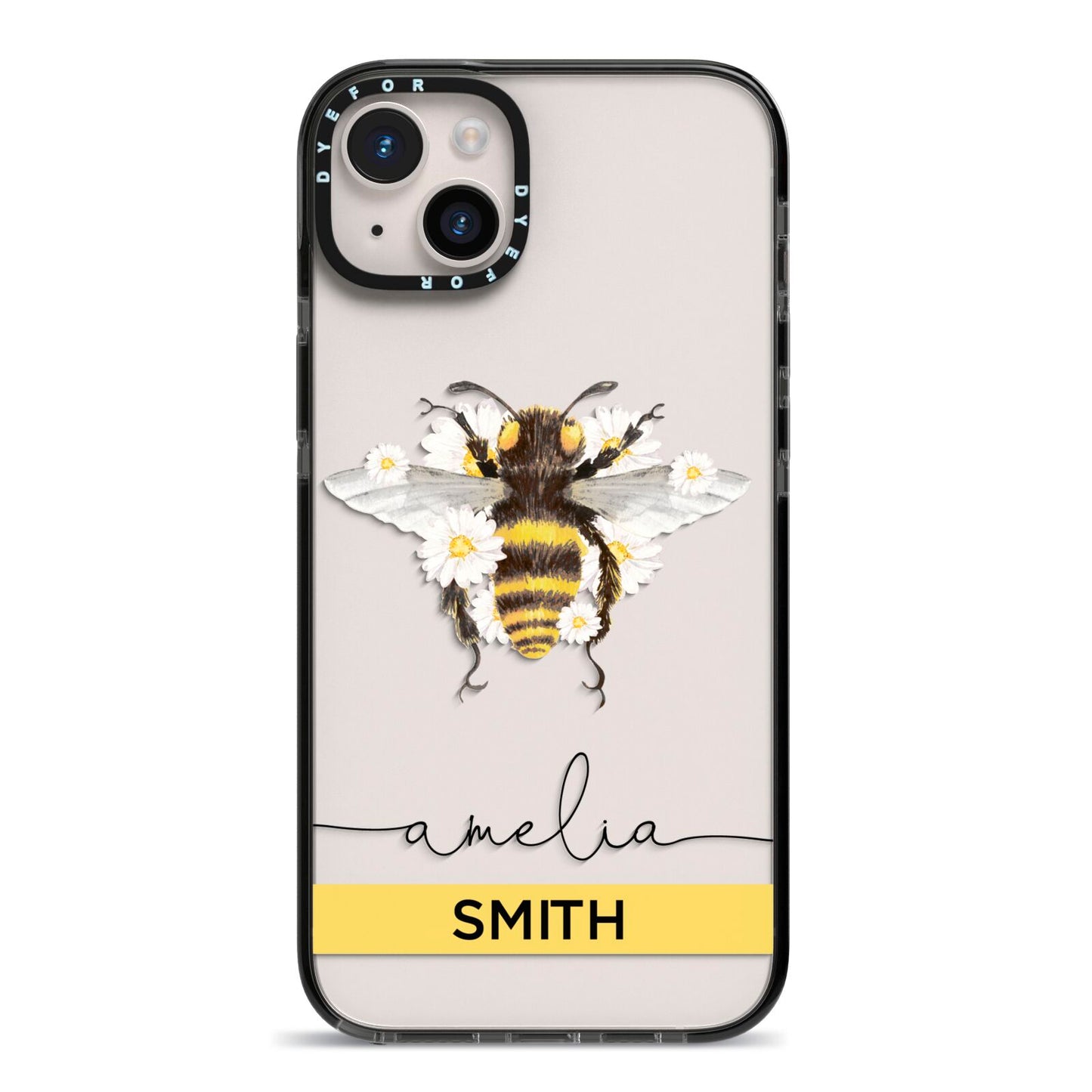 Bees Daisies Personalised Names iPhone 14 Plus Black Impact Case on Silver phone