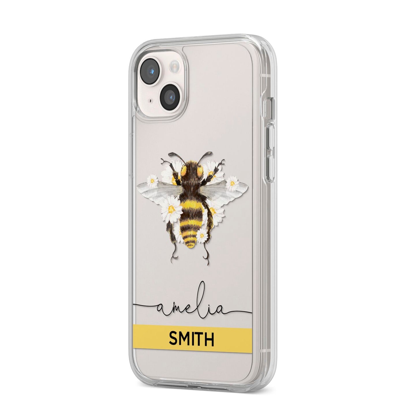 Bees Daisies Personalised Names iPhone 14 Plus Clear Tough Case Starlight Angled Image