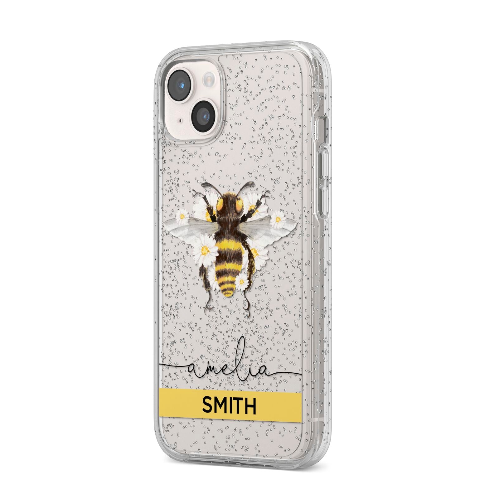 Bees Daisies Personalised Names iPhone 14 Plus Glitter Tough Case Starlight Angled Image