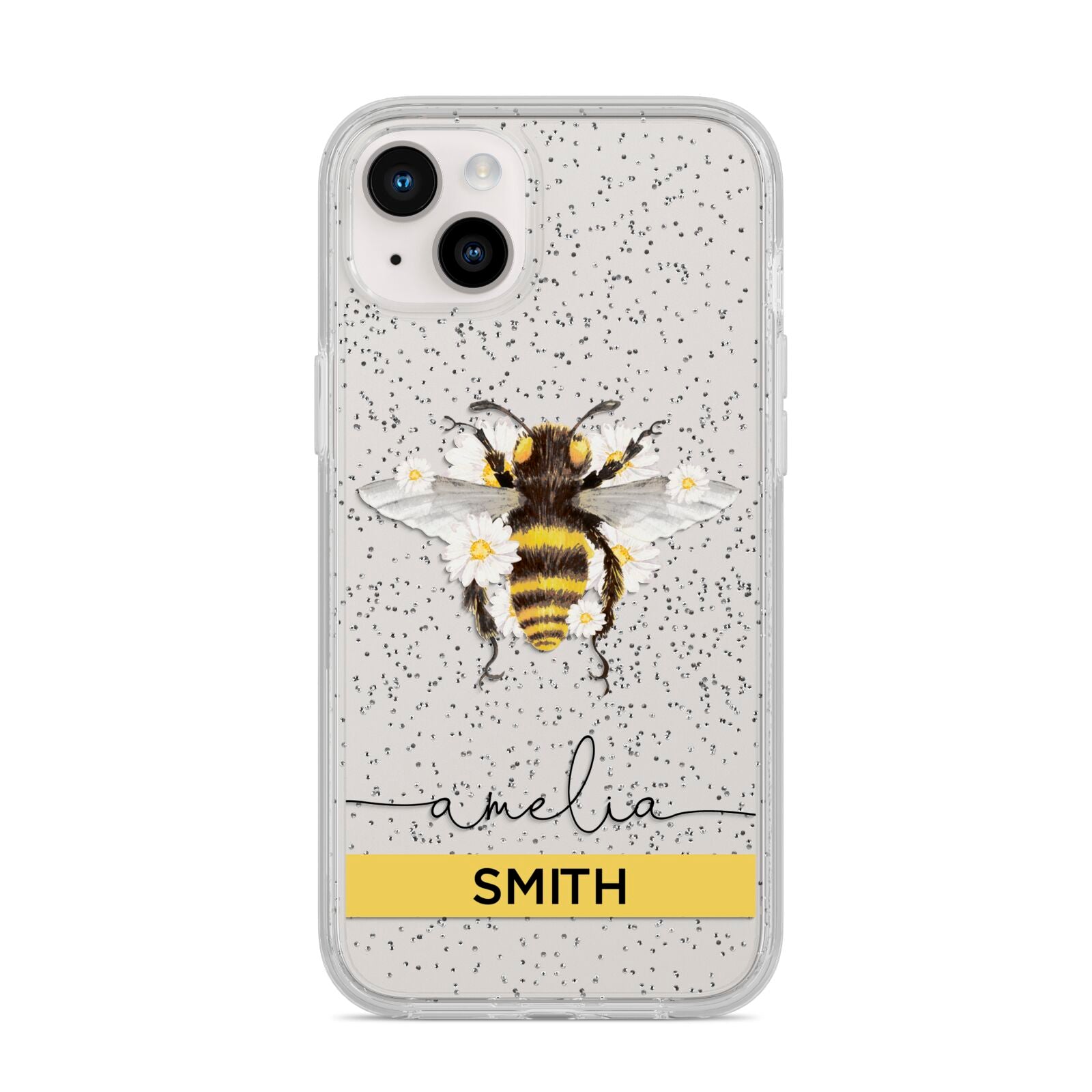 Bees Daisies Personalised Names iPhone 14 Plus Glitter Tough Case Starlight