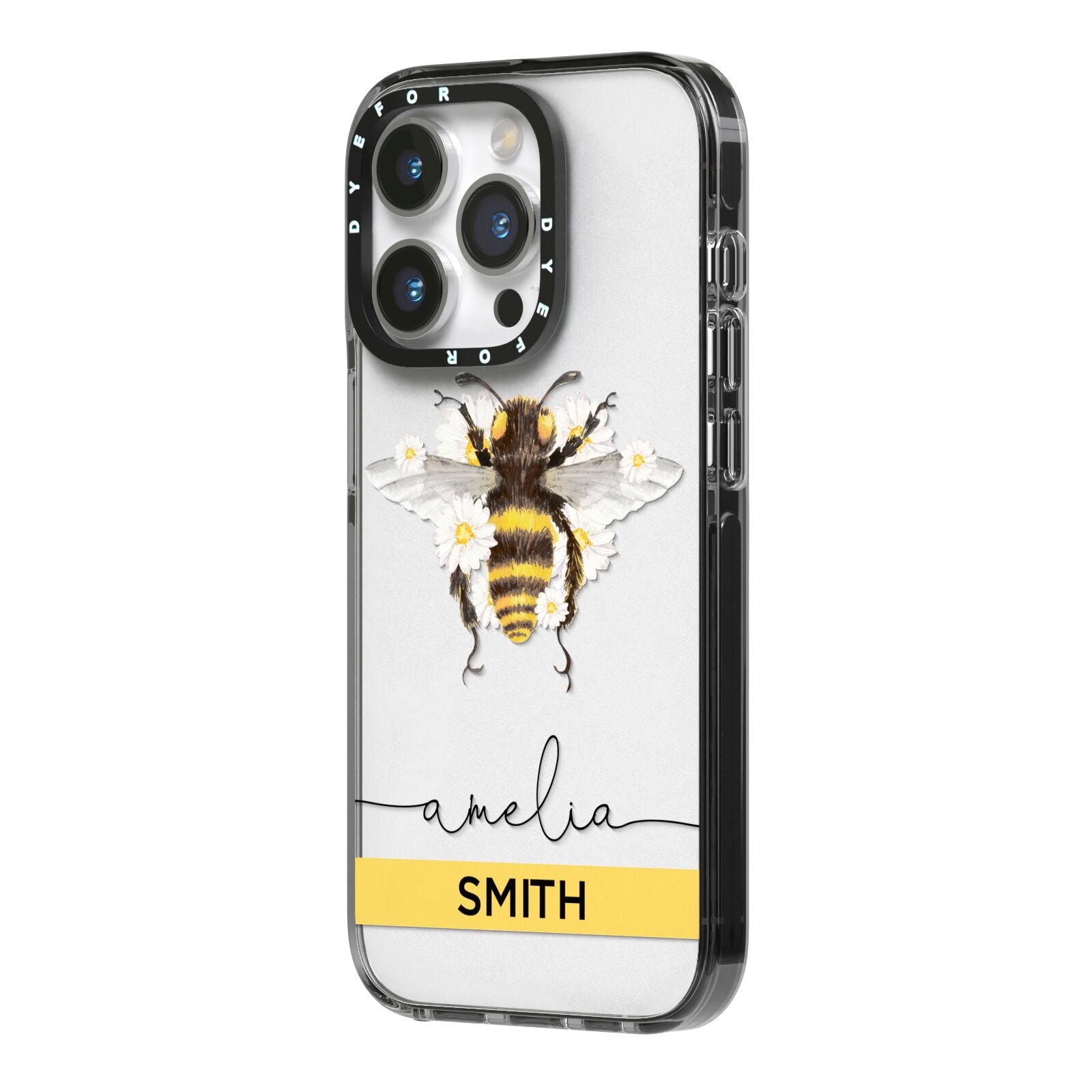 Bees Daisies Personalised Names iPhone 14 Pro Black Impact Case Side Angle on Silver phone