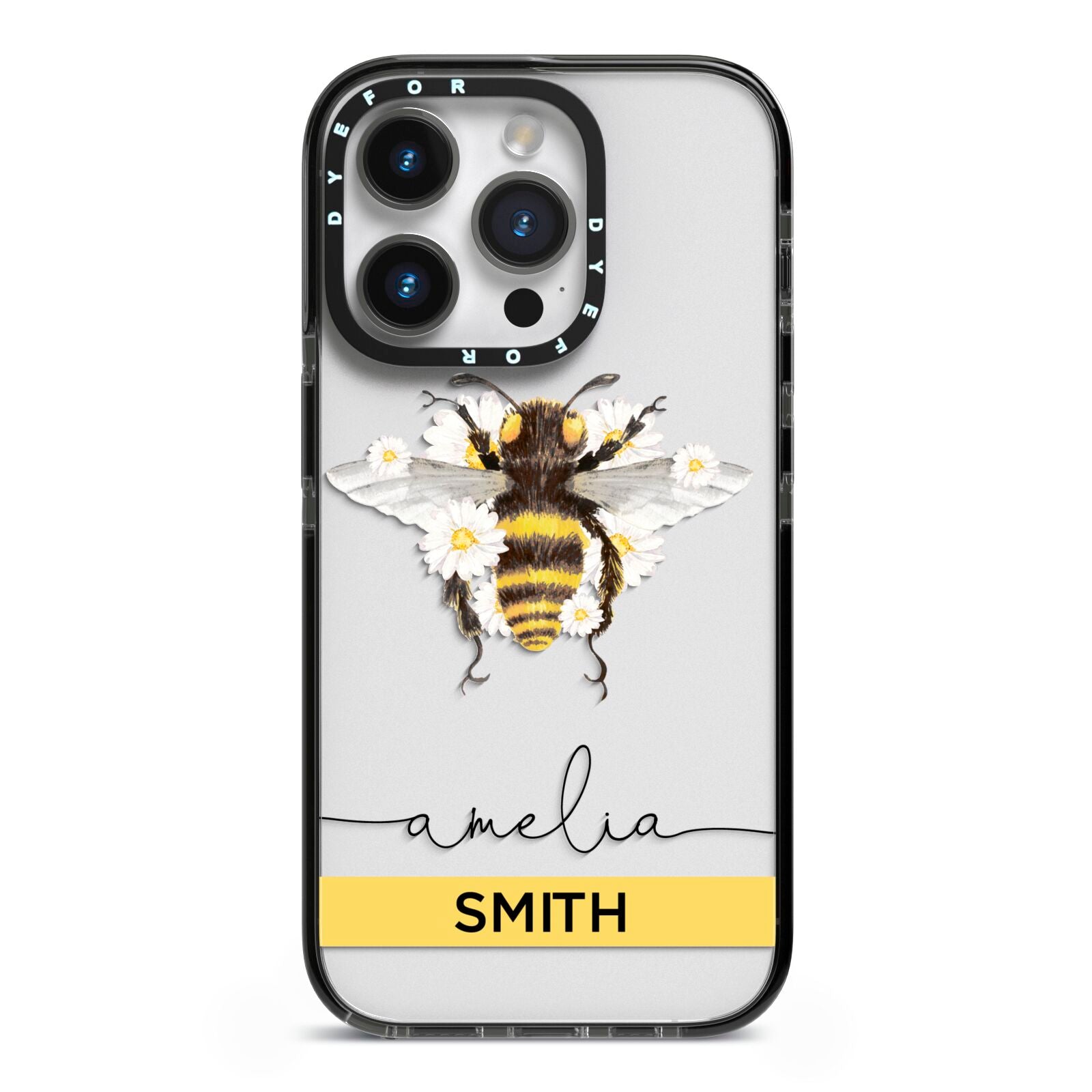 Bees Daisies Personalised Names iPhone 14 Pro Black Impact Case on Silver phone