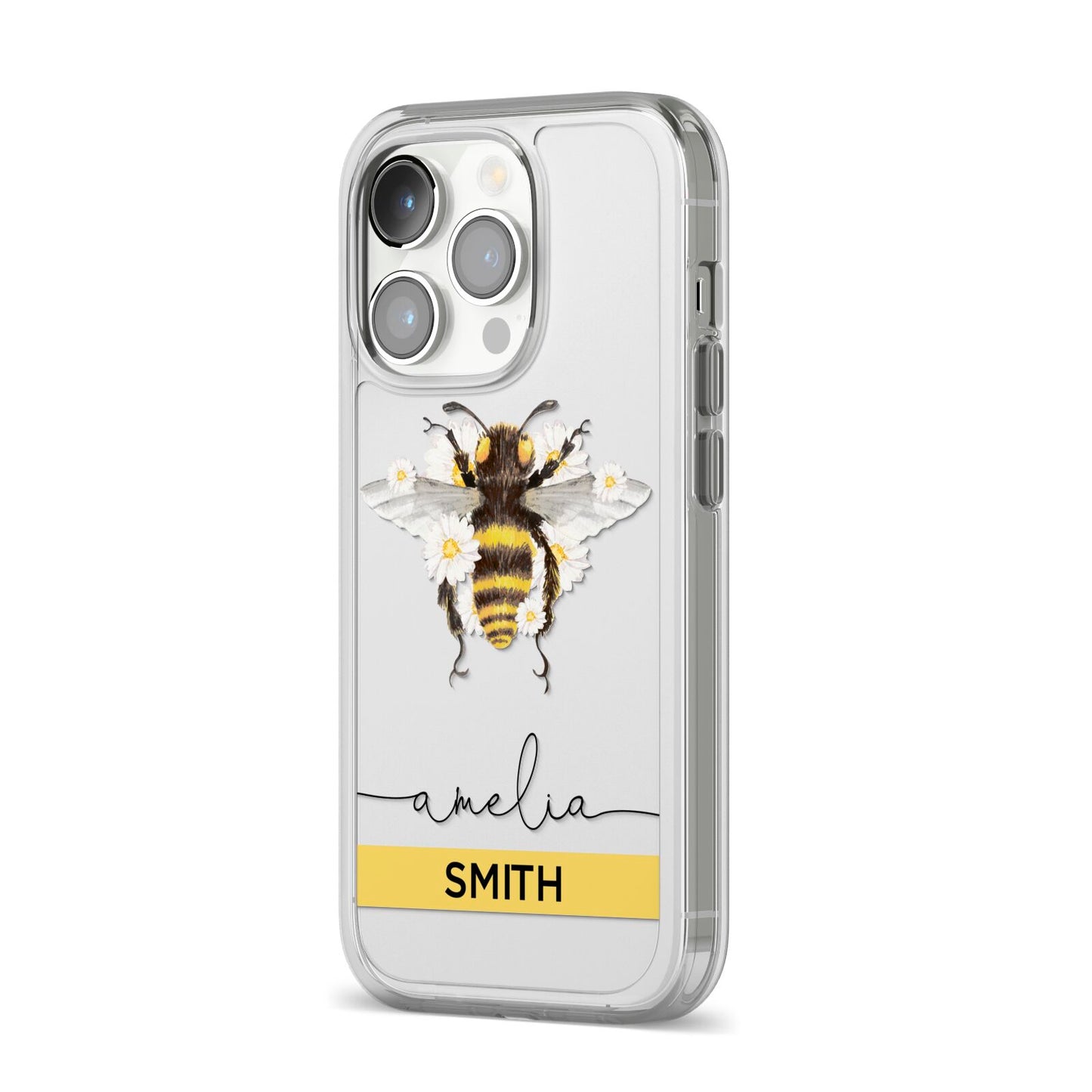 Bees Daisies Personalised Names iPhone 14 Pro Clear Tough Case Silver Angled Image