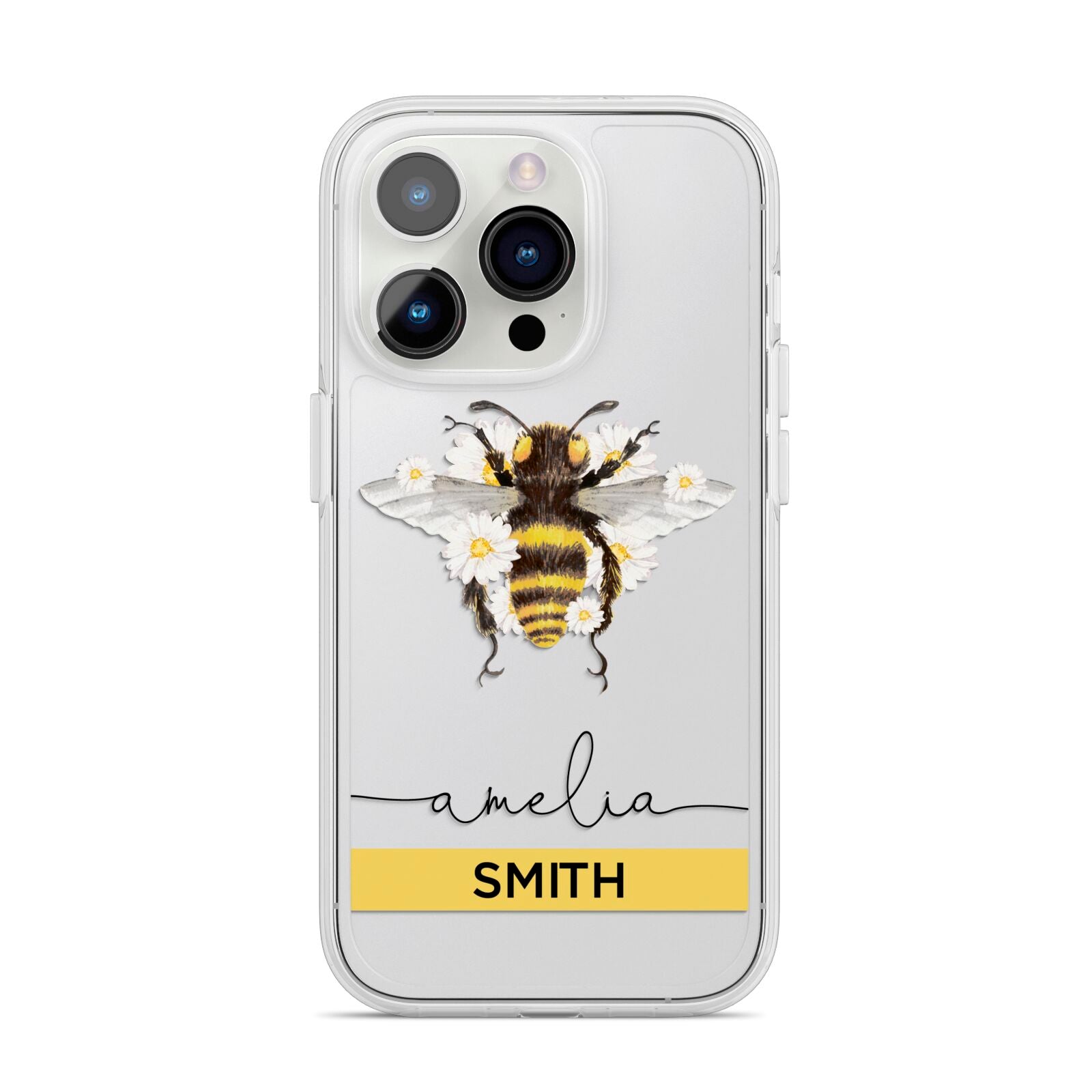 Bees Daisies Personalised Names iPhone 14 Pro Clear Tough Case Silver