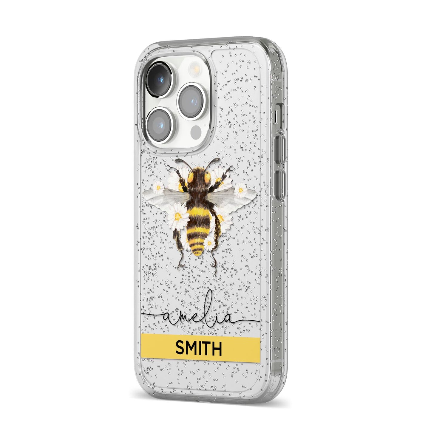 Bees Daisies Personalised Names iPhone 14 Pro Glitter Tough Case Silver Angled Image