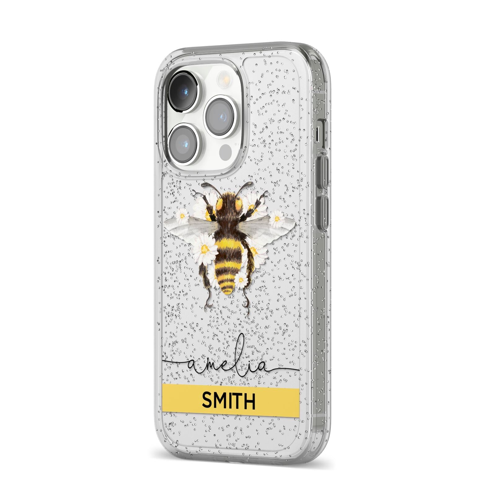 Bees Daisies Personalised Names iPhone 14 Pro Glitter Tough Case Silver Angled Image